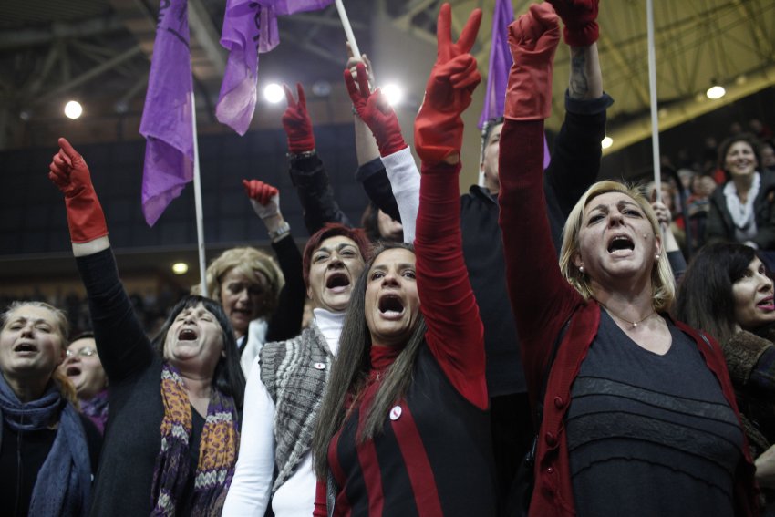 Cleaners sacked by the finance ministry rally for SYRIZA ahead of the January 25 elections.