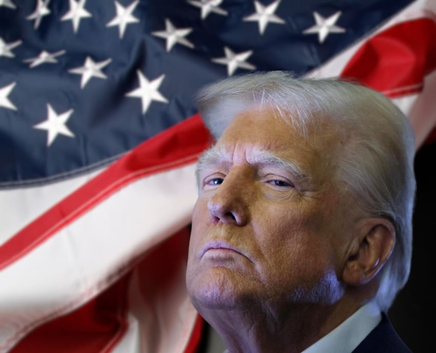 US President Donald Trump. Background: US flag