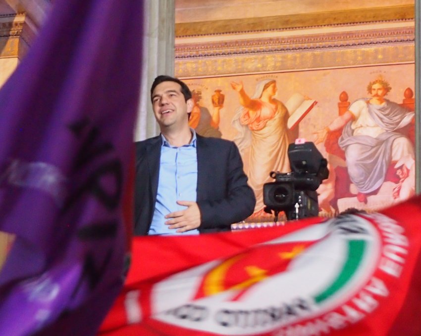 Alexis Tsipras celebrating with supporters after his victory speech.