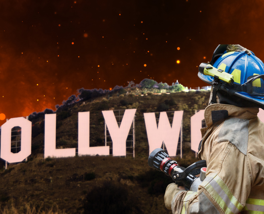 firefighter and Hollywood sign