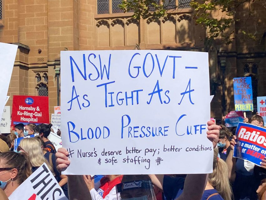 Nurses and Midwives strike outside NSW Parliament on February 15, 2022.