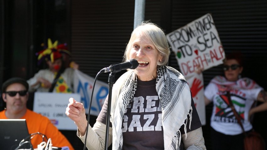 Merri-bek councillor Sue Bolton speaking at the rally