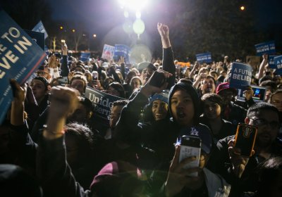 Supporters at a Bernie Sanders rally in St Mary's Park in the Bronx on April 14.