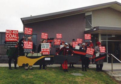 Opponents of the $5 billion T4 project outside a public hearing in Newcastle in July, 2015.