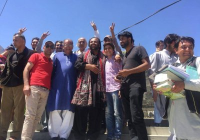 Jailed socialist candidate Baba Jan and supporters outside the Supreme Court at Gilgit on 22 May.