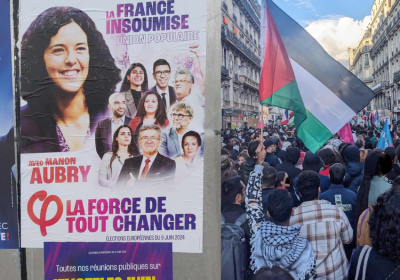Election poster for France Insoumise candidate and Palestine solidarity march