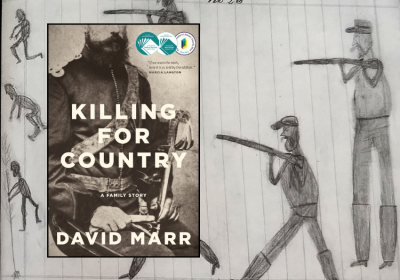 book cover, background drawing of massacre by Native Police