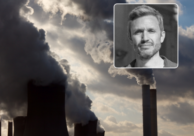 emissions from power plant and inset image of Jason Hickel