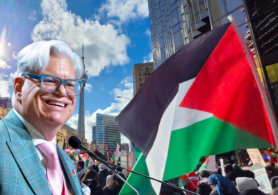 Fred Hahn and Palestine protest background