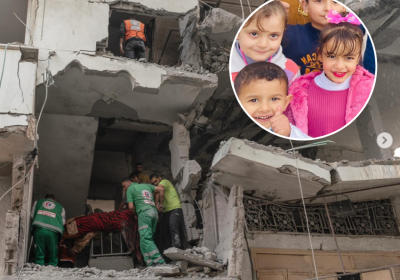 bombed building in Gaza and inset photo of children