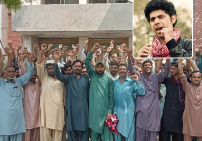 A group of Pakistani workers and inset photo of Ammar Ali Jan