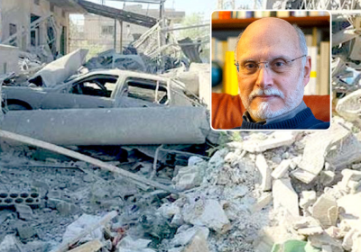 Destruction in Lebanon and inset photo of Gilbert Achcar