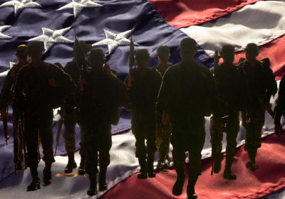 troops and US flag in background