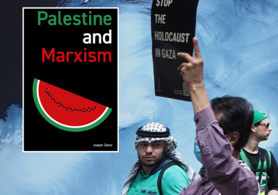 Book cover and protest for Palestine