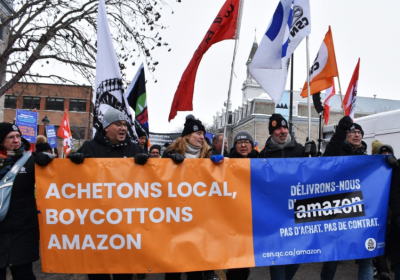 Protesters carrying a banner