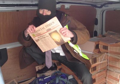 Daniel Simpson with his fake Financial Times.