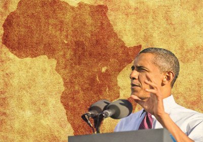 Graphic of the continent of Africa with President Barack Obama in the foreground.