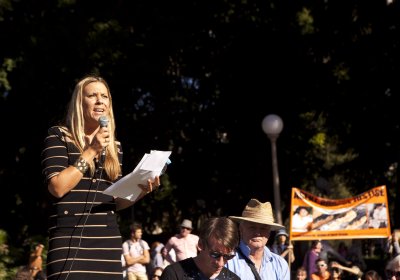 Andrea Glazier speaking at the March Against Monsanto rally in Sydney on May 25.