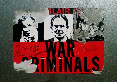 Photo of 'War Ciminals' sticker of George Bush and Tony Blair.