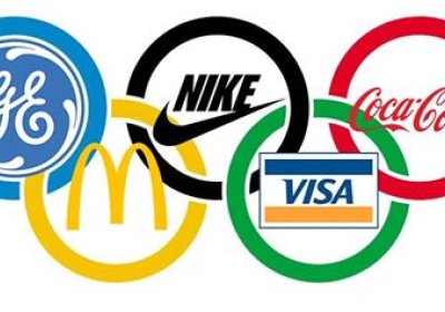 A graphic of the Olympic rings with corporate sponsor's logos. 