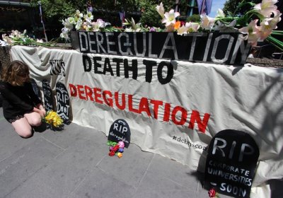 Death to deregulation banner.