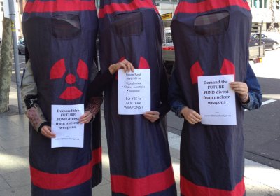 A protest against the Future Fund's investment in nuclear weapons manufacturing.