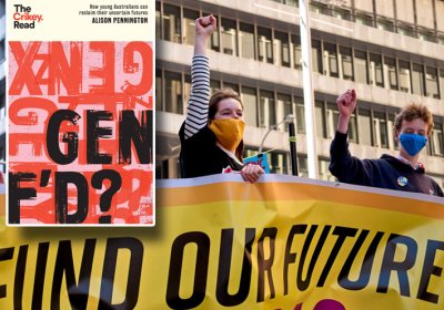 The cover of 'Gen F'd' over an image of young people protesting
