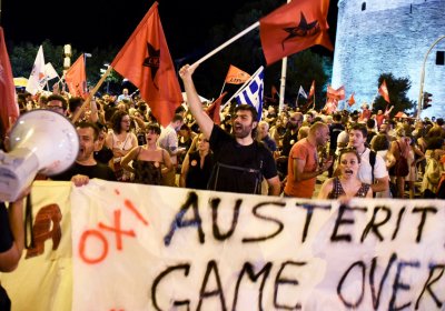 Supporters of the No vote in Thessaloniki, Sunday July 5, 2015.