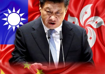flags of China, Taiwan and Hong Kong with Xi Jinping