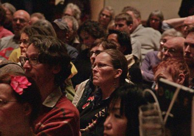 Crowd listening to Icelandic MP Birgitta Jonsdottir.