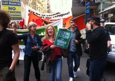 Hundreds protest Rudd's refugee policy in Sydney on July 20.