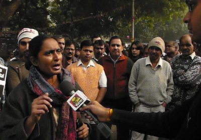 Kavita Krishnan addressing a protest in India.