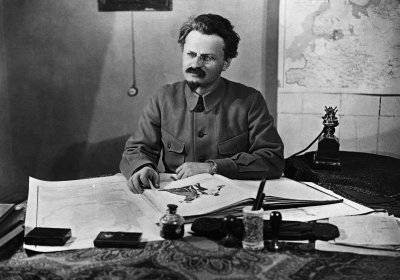 Leon Trotsky, People's Commissar for Army and Navy Affairs 1918 - 1925, at his desk, circa 1920.