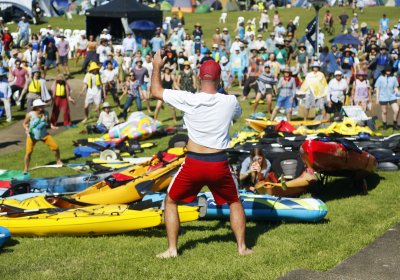 Maori activist Guy Ritani gees people up for flotilla launch