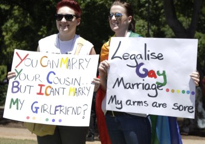 Colurful placards and protesters at the marriage equality rally.