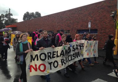 Protesters march in the Moreland Says No To Racism rally, May 28 2016.