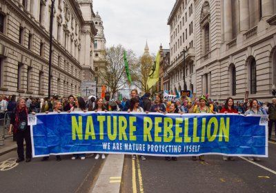 protesters with a banner