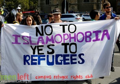 No To Islamophobia Yes To Refugees banner, Melbourne April 4 2015.