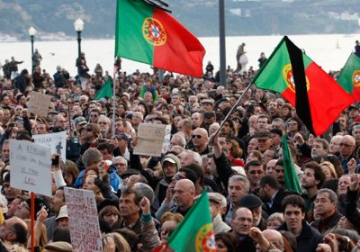 People gather against government austerity policies at Lisbon's main square.