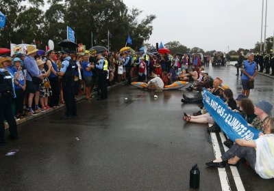 Protesters on the road outside Parliament House