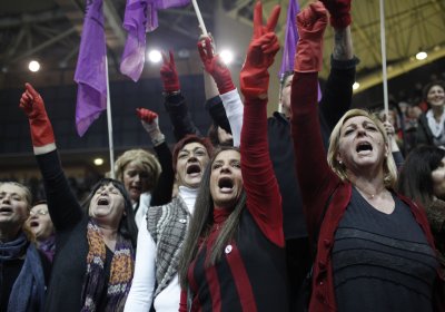 Cleaners sacked by the finance ministry rally for SYRIZA ahead of the January 25 elections.