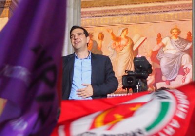 Alexis Tsipras celebrating with supporters after his victory speech.