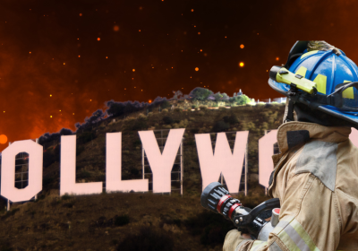 firefighter and Hollywood sign