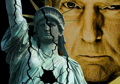 cracked statue of liberty and Trump lurking