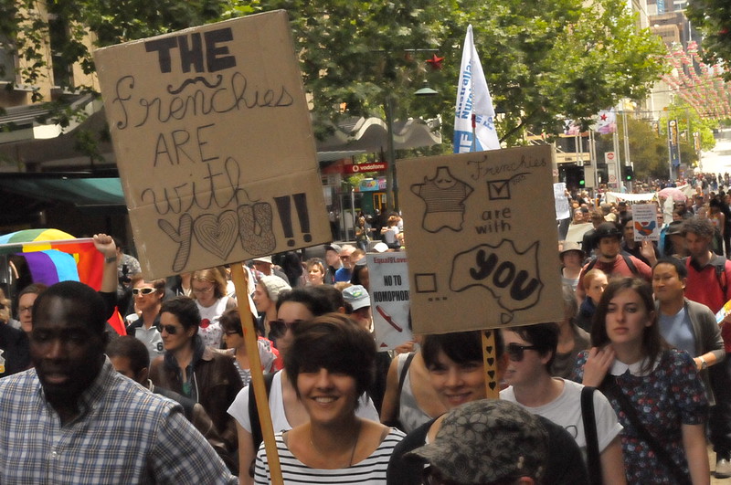 Equal marriage sign that says "The Frenchies are with you"