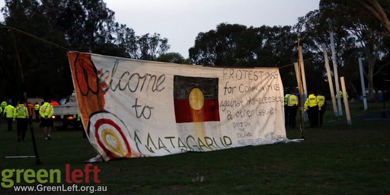 Welcome To Matagarup banner, Matagarup Aboriginal encampment June 18, 2015.